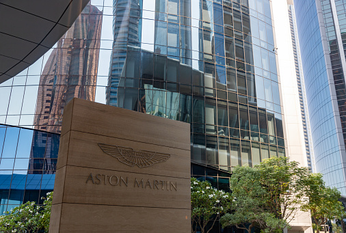 Abu Dhabi, United Arab Emirates - November 10, 2023: A picture of the sign outside of a Aston Martin showroom.