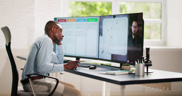 istock Bored Unhappy Man Watching Lon Online Virtual Lecture 2150331427