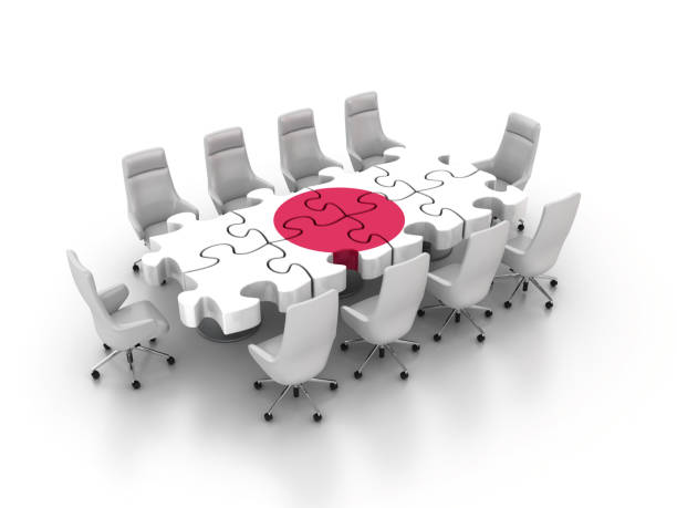 Japanese Flag with Puzzle and Chairs - White Background - 3D Rendering