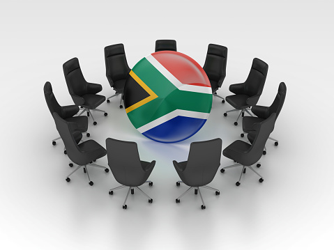 South African Flag with Chairs - Gray Background - 3D Rendering