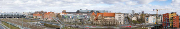 Berlin Lichtenberg panoramic view of the cityscape near the Ostkreuz train station. The railways of the public transportation are an important infrastructure.