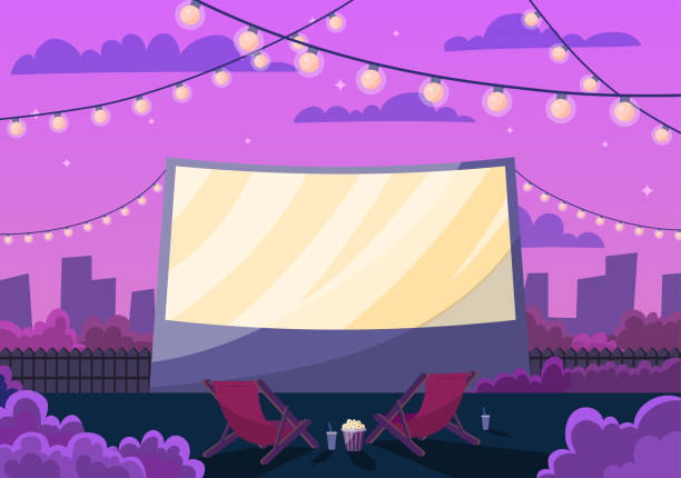 Cartoon Color Night Open Air Cinema Scene Concept. Vector Cartoon Color Night Open Air Cinema Scene Concept. Vector illustration of Empty Outdoor Movie Theater with Screen movie-theater-exterior stock illustrations