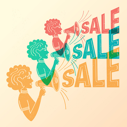 Girl shouting sale on megaphone in risograph style. Three repeated images in color overlay. Sale concept. Retro style. Silhouettes in overlay. Vector illustration.
