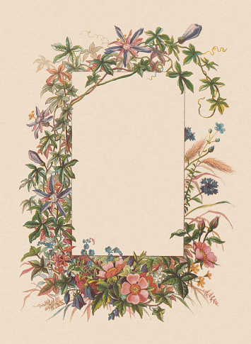 Floral frame for text. Chromolithograph, published in 1879.