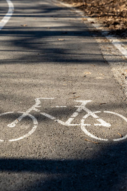 istock Empty bicycle path with markings in a city park. bicycle sign on the bike path. A bicycle path in a quiet park. 2150336031