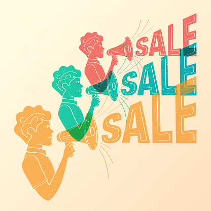 Man shouting sale on megaphone in risograph style. Three repeated images in color overlay. Sale concept. Retro style. Silhouettes in overlay. Vector illustration.