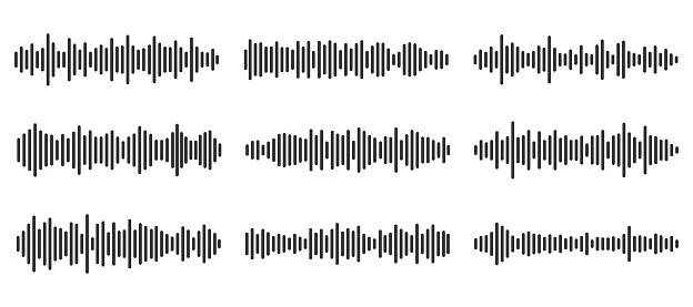 Set of wavy, vibrating and pulsating lines. Podcast sound waves. Waveform pattern for music player, podcast, voice message, music app. Audio wave icon. Isolated vector illustration.