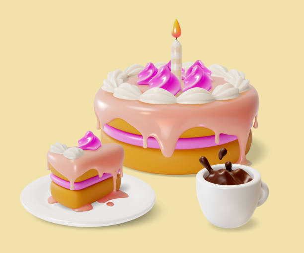 istock 3d Birthday Cake with Candle and Cup Coffee Splash Cartoon Design Style. Vector 2150338654