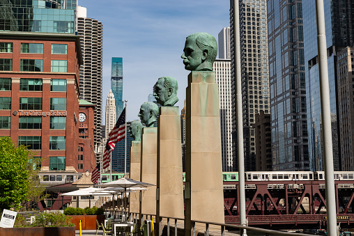 Chicago, Illinois - United States - April 22nd, 2024: Merchandise Mart Hall of Fame sculptures, commissioned by Joseph Kennedy in 1957, at the Merchandise Mart in Chicago, Illinois, USA.
