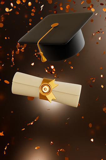 Diploma and graduation cap in confetti. 3D rendering