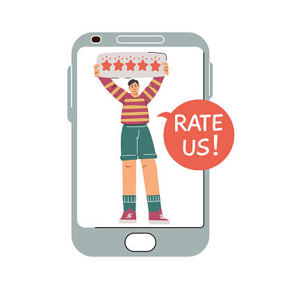 A character holding up a five-star review on a smartphone screen, encouraging users to rate. This vector illustration is perfect for online services and apps looking to promote customer feedback.