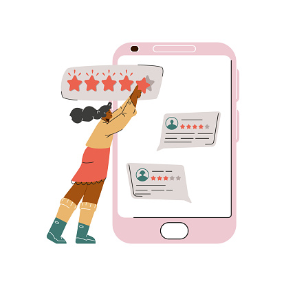 An enthusiastic character gives a top rating in a mobile app, with review notifications popping up. This vector illustration embodies the digital age of customer feedback and online ratings.