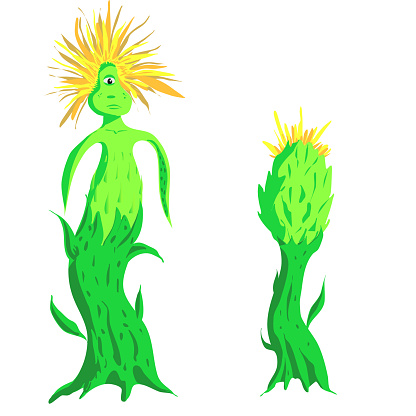 Illustration of an alien plant sentient with head and one eye. Vector illustration flower with root and long leaves hands with one-eyed shaggy head on shoulders. Next to it is the embryo of a living flower on a transparent background