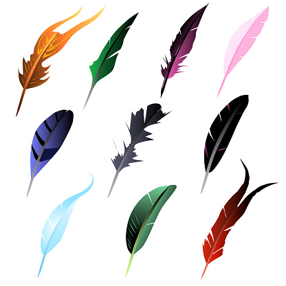 Illustration Colorful Different Shapes Feathers Gamedev Items. Vector illustration 10 pieces of feathers for games or applications of different shapes, rounded, sharp and forked. The fiery feather of the firebird is angelic, poisonous and crow.