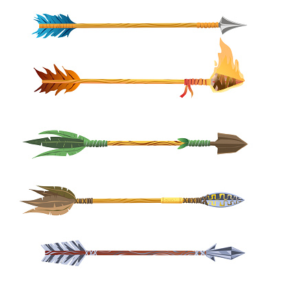 Graphic Resource five quality arrows illustration Vector illustration. Multi-colored arrow plumage and different tips. The shaft of the arrow is flat and has the texture of wood. An arrow with a Mayan shear tip. and a crystal tip. Fire tip, steel are the simplest.