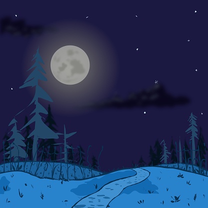 Illustration of the background of the road in the night forest under the moon. . Vector illustration of clear sky and round moon among stars. Background illustration creepy for games or banner insert mystical objects.