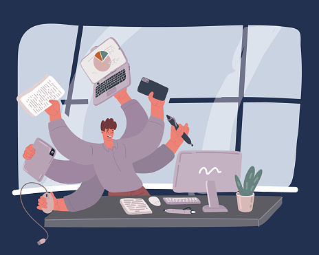 Cartoon vector illustration of Businessman with multi tasking skills working in office