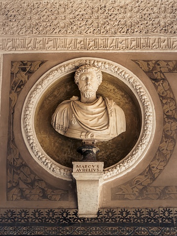 Seville, Spain - September 13, 2023: The bust statue of the Roman Emperor Marcus Aurelius in the Casa de Pilatos in Seville, Andalusia, Spain