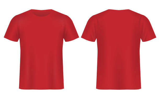 Blank Realistic red t-shirt template. stock illustration men's red shirt template, front and back design, isolated on white red clothing stock illustrations