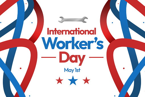 International Worker's Day Wallpaper in blue and red color with typography and random lines. May 1st is observed as International day of workers globally, backdrop