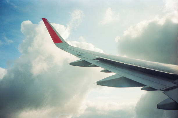 Airplane wing on the background of overcast in flight