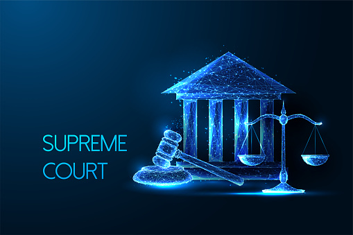 Supreme court, legal system, justice futuristic concept with courthouse, scales, and gavel in glowing polygonal style on dark blue background. Modern abstract connection design vector illustration.