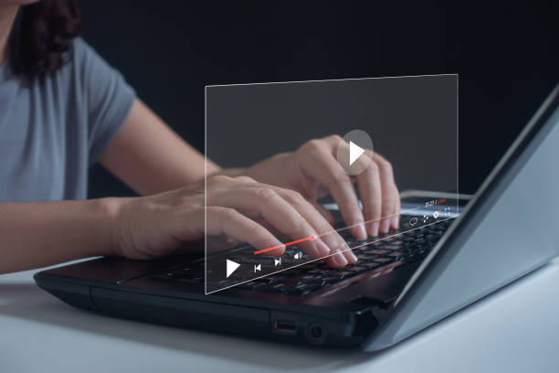 istock Woman watching a live stream. Live digital stream multimedia player. Online live stream window. Video streaming on internet concept. streaming online, watch video, live concert, show or tutorial. 2150355572