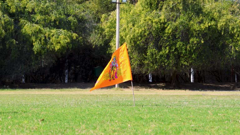 holy saffron flag with lord rama idol waving at ground with green tree background at day