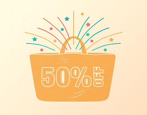 50% off yellow bag with fireworks coming out. Discount offer. Sale concept. Retro style. Vector illustration.