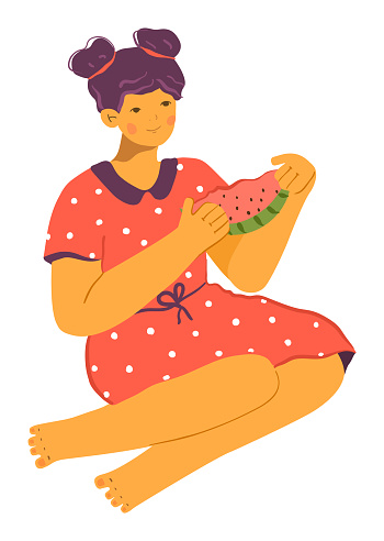 Young woman enjoying juicy watermelon during summer. Smiling lady seated crosslegged dressed red polka dot dress eating fruit. Cartoon character vector illustration casual summertime leisure