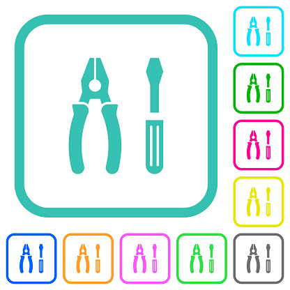 Combined pliers and screwdriver vivid colored flat icons in curved borders on white background