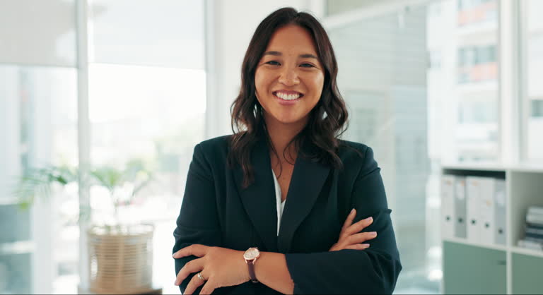 Smile, portrait and confident Asian woman in office with pride, opportunity and job in human resources. HR manager, about us and consulting agency for employee relations, compliance and legal advice.