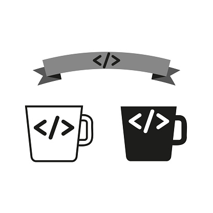 Coding mugs illustration. Programmer coffee break. Code syntax banner. Developer work concept. Vector illustration. EPS 10. Stock image