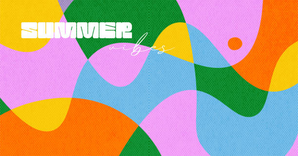 Trendy modern vintage concept of summer vivid juicy card with rough paper texture. Geometric abstract art design with liquid shapes with overlay effect. Templates for ads, covers. Vector illustration, Trendy modern vintage concept of summer vivid juicy card with rough paper texture. Geometric abstract art design with liquid shapes with overlay effect. Templates for ads, covers. Vector illustration minimal magazine layout stock illustrations