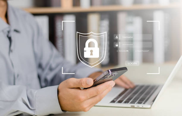 istock Businessmen protecting personal data on laptop and virtual Cybersecurity and privacy concepts to protect data. Lock icon and internet network security technology interfaces. 2150369234