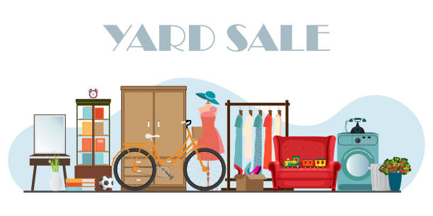 Yard sale or garage sale banner or flea market. Yard sale or garage sale banner or flea market. Buying antiques, old things, furniture and books, Second Hand clothes, Antique accessory, sport items and assorted household, vector illustration. fashion bazaar stock illustrations