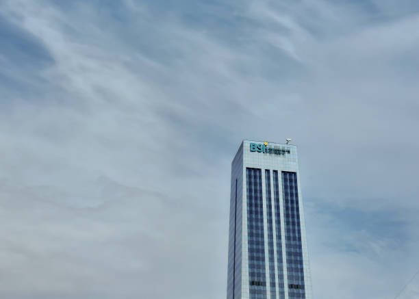 Indonesian Sharia Bank Jakarta, Indonesia - 9 Jan, 2024: A facade view of the Indonesian Sharia Bank (BSI) thta is located on Gatot Subroto Road, Semanggi, South Jakarta. sharia stock pictures, royalty-free photos & images
