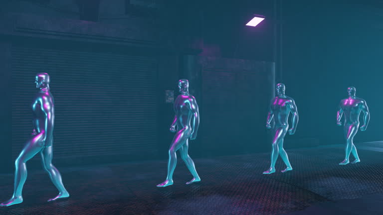 Robots walk down cyberpunk street.