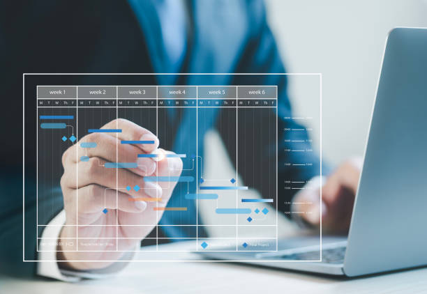 Businessman touching work schedule, project management concept Project managers work and update work with milestone progress planning and virtual Gantt charts.