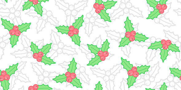 Mistletoe and Christmas Holly berries on a white background with gray mistletoe outline. New Year endless texture. Vector seamless pattern for festive design, banner, wrapping paper, gift packaging, cover, surface texture, printing on clothes and bags