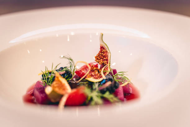 View of fresh fruit and sauce at luxury restaurant, Ticinese restaurant