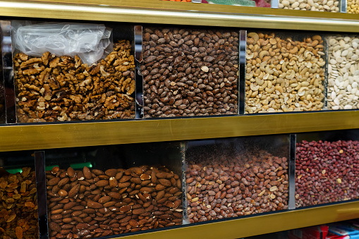 A display case filled with various nuts in Morocco