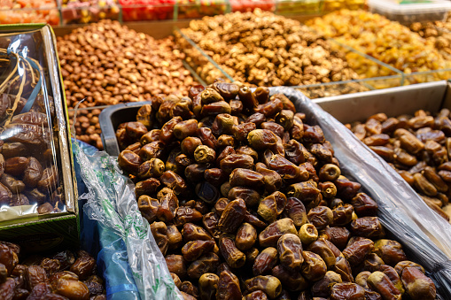 Close up of moroccan dried fruit for sale in Tangier, Morocco.