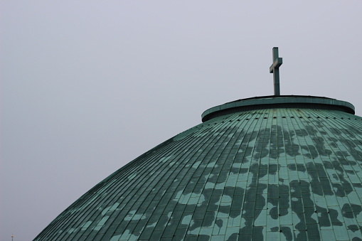 Close-up image of copper green cupola of St Hedwig's Cathedral in Berlin Germany
