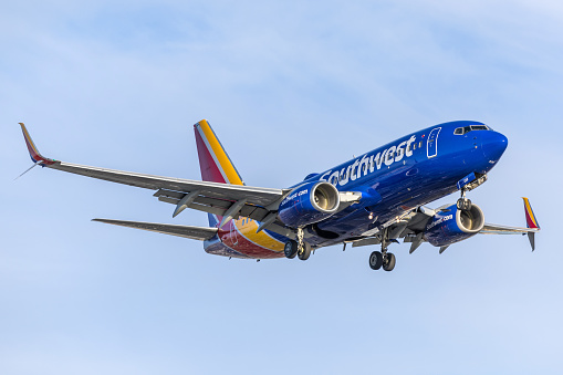 Los Angeles, California, USA - April 8, 2024: A Southwest Airlines Boeing 737-700 approaching Los Angeles International Airport.