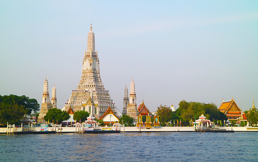 Impressive View of The Temple of Dawn or Wat Arun, the Iconic Landmark of Bangkok on Chao Phraya River Bank, Thailand