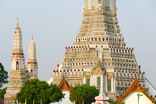Details of the Holy Spires of The Temple of Dawn Called Phraprang, a Symbolic Buddhist Temple Complex in Bangkok, Thailand