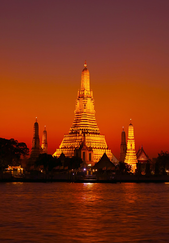 Fantastic Evening View of Wat Arun or the Temple of Dawn, Located on the West Bank of Chao Phraya River in Bangkok, Thailand