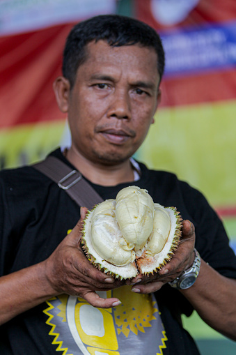 JAKARTA - APRIL 3, 2016: Durian fruit is sold at the durian fruit exhibition. Durian fruit is a strong aromatic fruit, and is often found in tropical countries such as Southeast Asia
