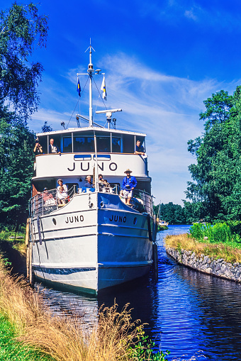 Göta canal, Sweden-June, 2015: Old passenger ship in a canal